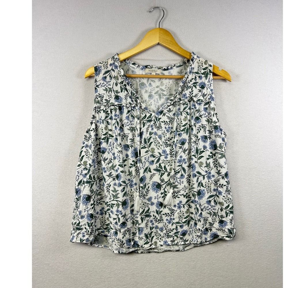 ANGELS Womens‎ Floral Print Sleeveless Ruffle Neck Tassel Tie Top Size L